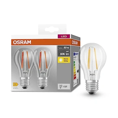 Image de OSRAM base Classic A Fil 60 LED lampe avec E27, forme de piston classique, double pack, 6,5 W, 806lm, 2700k, lumière blanche chaude, développement à faible chaleur, longue durée vie