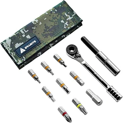Image de Granite Rocknroll Kit d&#039;outils de Vélo à Cliquet Mini avec 9 Embouts d&#039;outil, Tige d&#039;xtension (Camouflage Vert)
