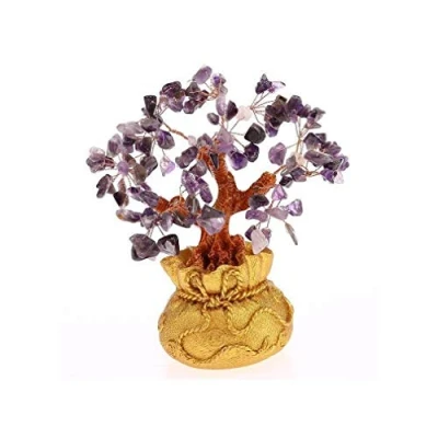 Image de Lachineuse Arbre Feng Shui en Amethyste Mauve de Fortune 17 cm Décoration Asiatique Japonais avec Support Doré Déco Pierres Précieuses Objet Zen