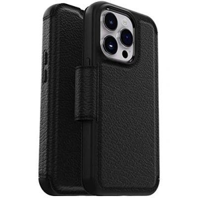 Image de OtterBox Étui Portefeuille pour iPhone 14 Pro (Uniquement) Strada Series Shadow (Noir), Porte Cartes en Cuir véritable, Poche