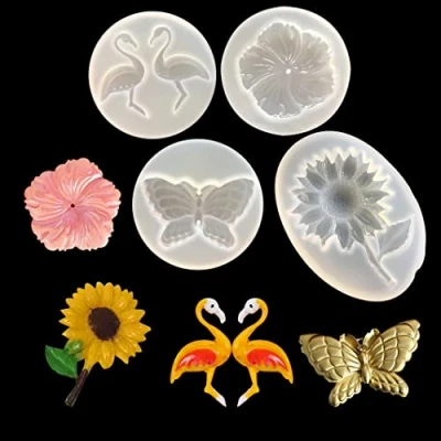 Image de Rolin Roly 4 Pcs Moule Resine Tournesol Silicone Moules à Pendentif en avec R ésine Flamant DIY Outils de Bijoux Résine Papillon Fleur