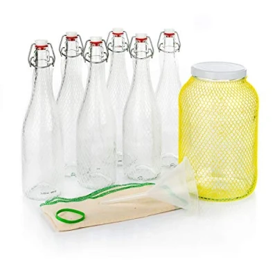 Image de myFERMENTS Kit Préparation Boissons Probiotiques Set de Fermentation pour Bière, Kefir 6 Grands Bocaux en Verre 4L, Bouteille 750ml avec Joint Hermétique, Entonnoir 10cm, Tissu Mousseline