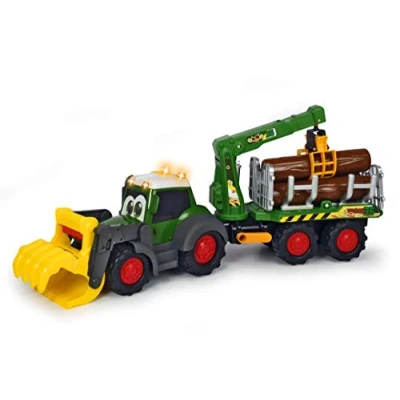Image de Dickie Toys Happy Fendt 203819003 204119001 Tracteur forestier avec remorque, grappin mécanique actionnable par Une poignée, Troncs d&#039;arbres, Effets Lumineux et sonores Piles Longueur 65 cm Vert