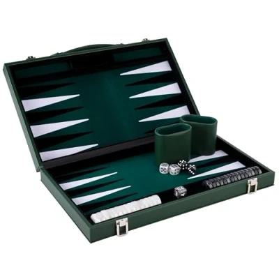 Image de Engelhart 250529 Backgammon de Luxe 15 Pouces matériaux Haute qualité Simili Cuir, Incrustation Feutre spécial dés et jetons nacrés + 2 gobelets Pro. Loisirs
