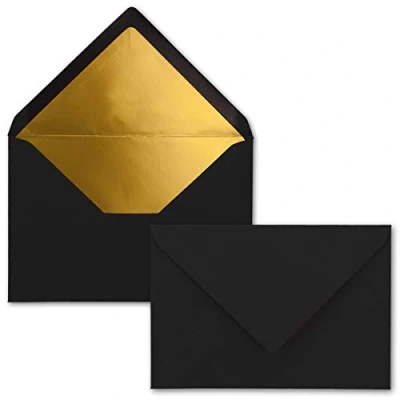 Image de FarbenFroh by GUSTAV NEUSER Lot de 10 enveloppes pour lettres Format B6 Doublure intérieure dorée 12,5 x 17,6 cm Noir Collage par humectation
