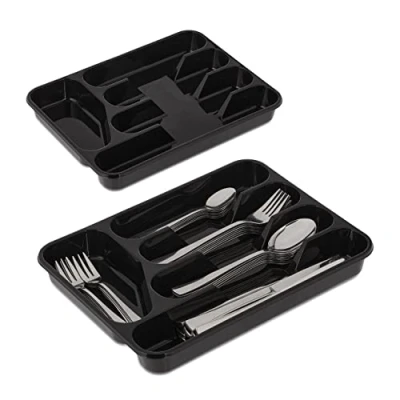 Image de Relaxdays Bac à Couverts, Lot de 2, HxLxP: 4 x 24,5 32,5 cm, 5 Compartiments, Range Couverts en Plastique, Noir