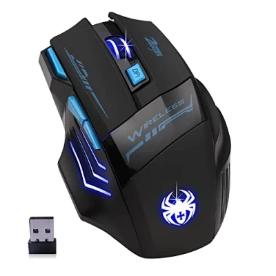 Image de zelotes souris sans fil, ergonomique USB, 7 boutons, 2400 DPI gaming portable pour PC, Mac, noir