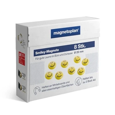 Image de magnetoplan Lot de 8 aimants à smiley, 20 mm diamètre, jaune et noir