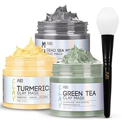Image de ANAiRUi Masque Visage au Curcuma d&#039;Argile Détox thé Vert de Boue aux Minéraux la Mer Morte, Masques Kit, Nettoyer et Détoxifie, 210g
