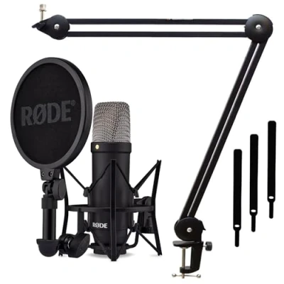 Image de Rode NT1 Signature Black Microphone de studio + trépied Keepdrum MS138 à bras articulé, noir