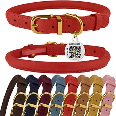 Image de BRONZEDOG Collier pour Chien en Cuir roulé avec Plaque d&#039;identification QR Rond Durable personnalisé Chiens de Petite, Moyenne et Grande Taille (38,1 à 43,2 cm, Rouge)