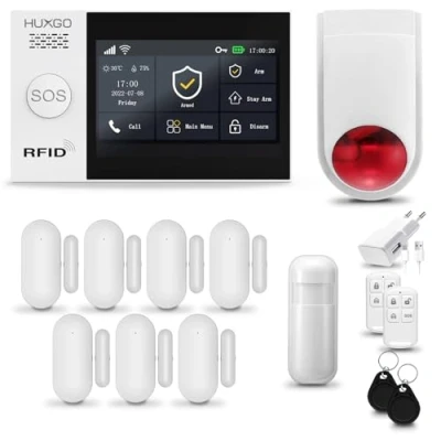 Image de Systeme d&#039;alarme Maison WiFi + GSM, HUXGO HXA007 Sirène sans Fil, 1X détecteur de Mouvement, 7X capteur Porte/fenêtre, TUYA