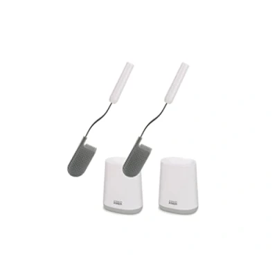 Image de Joseph Flex Lite Jeu de 2 brosses WC toilette avec support mince Balayette Souple et Résistante, tête flexible, anti goutte, bouchage, nettoyage en profondeur Blanc/Gris, Petit