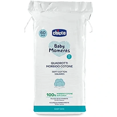 Image de Chicco Baby Moments Lot de 60 carrés doux en coton, nettoie doucement et caresse doucement, Skin, blanc, 0 mois