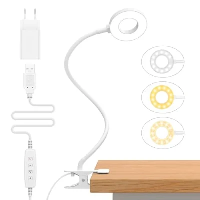 Image de iZELL 10W Lampe de Bureau à Pince avec Adaptateur USB[3 Modes d’Éclairage &amp;10 Niveaux Luminosité] Flexible 360Lampe Lecture Clipsable, 40CM Led pour Maison/Bureau Blanc