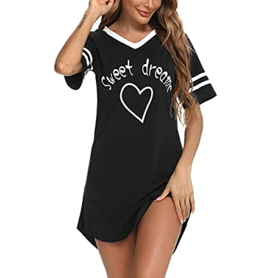Image de Litherday Chemise de Nuit Femme en Coton Robe à Manches Courtes Vêtement avec Col V Rayé Motif Coeur et Impression Imprimé,Noir,XL