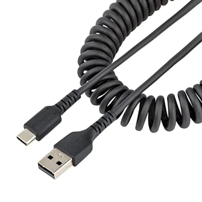 Image de StarTech.com Câble USB vers C de 1M Cordon Enroulé à Usage Intensif A en Fibre Aramide Robuste Chargeur M/M Adaptateur TB3 Noir (R2ACC CABLE)