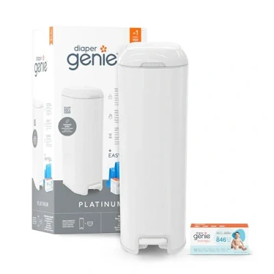Image de Diaper Genie Platinium Seau à Couches Anti Odeurs Acier Inoxydable Grande Capacité 47 Recharge Durable Jusqu’à 5 Mois Ouverture Large &amp; Pédale Pratique Blanc Lys