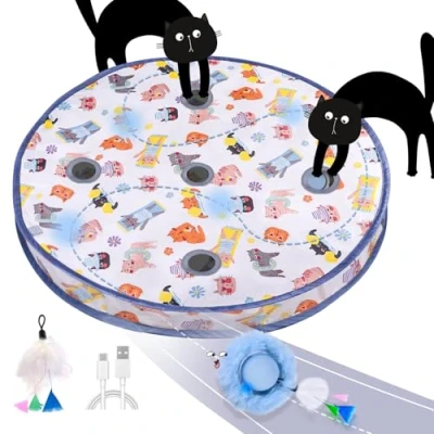 Image de GoldenSun Balle Jouet pour Chat, Mobile Activée par Le Mouvement, Tapis de Jeu Attraper la Souris Bleu, Cache à 5 Trous Chats d&#039;intérieur