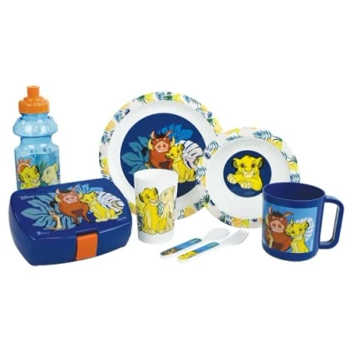 Image de LE ROI LION LOT VAISSELLE POUR ENANT AVEC VERRE 220 ML, ASSIETTE CREUSE Ø16 CM, Ø 22 MUG 350 GOURDE BOITE GOUTER ET 2 COUVERTS H.13.5 CM REUTILISABLE