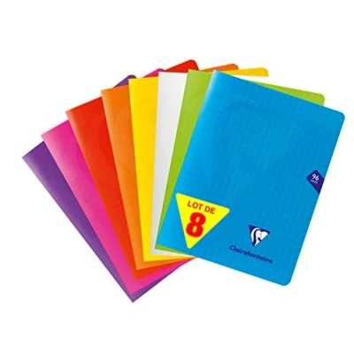 Image de Clairefontaine 313741AMZC Lot de 8 Cahiers Agrafés Mimesys 17x22 cm 96 Pages Grands Carreaux Papier Blanc 90 g Couverture Polypro (Bleu, Rouge, Vert, Jaune, Violet, Orange, Rose, Incolore)