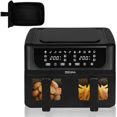 Image de ZEEGMA KNAPPER DUAL Friteuse sans Huile avec 2 Tiroirs 1700 W, Capacité de 9 L, Minuterie Jusqu&#039;à 60 min, 11 Programmes, Température à 200 C, Chaleur Instantanée sec. Panneau Supplémentaire
