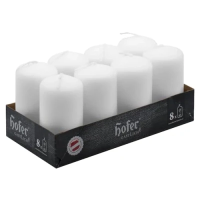 Image de Hofer Petite Bougies Pilier Lot de 8 Blanches Non Parfumées 4,5 x 9 cm 15 Heures Longue Durée Bougie Décorative Cire Qui Ne Coulent Pas Toxique Mèche Sans Fumée