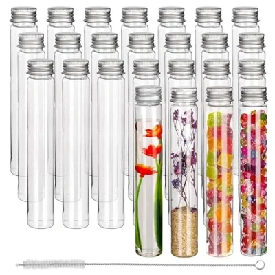 Image de Kurtzy Tube a Essai Plastique avec Bouchon à Vis (110 ml) et Brosse de Nettoyage (Lot 25) Bouteilles Sensorielles Réutilisables Transparentes pour Activités, Déco, Perles, Fleurs Liquides