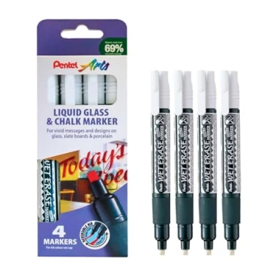 Image de Pentel Arts Wet Erase marqueurs craie, Standard, à pointe biseautée Blanc d&#039;encre, 1 lot de 4