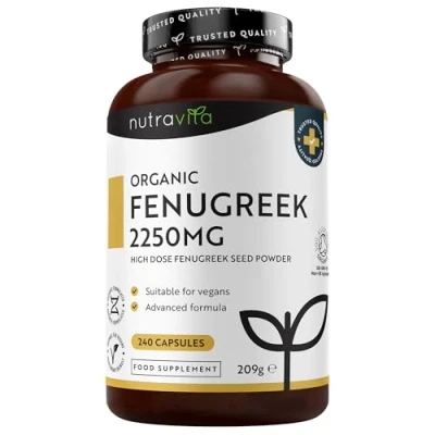 Image de Fenugrec Bio 2250mg par dose de 3 Capsules, jusqu&#039;à 8 mois d&#039;Approvisionnement 240 Gelule Véganes 1 Capsules Jour, Complement Alimentaire Fait en Angleterre Nutravita