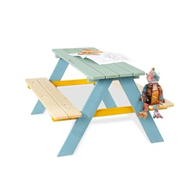 Image de Pinolino Ensemble de Table et bancs &#039;Nicki pour 4&#039;, Multicolore; Massif : Bois conifères, lasure Multicolore Claire, 2 avec 1 Table, Enfants à partir Ans