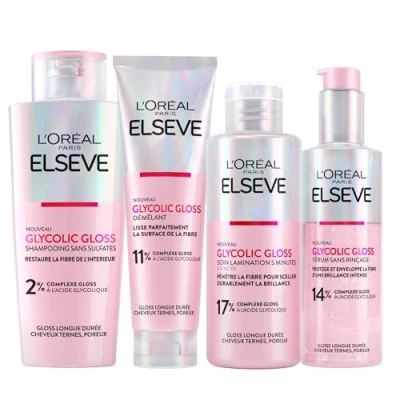 Image de L&#039;Oréal Paris Elvive Glycolic Gloss Après Shampooing 150ml + Shampoing 200ml Sérum Sans Rinçage Traitement de Laminage 5 Minutes pour Cheveux Ternes et Poreux 4 Flacons