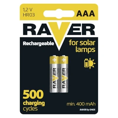 Image de Raver by EMOS Lot de 2 Micro Piles solaires AAA Rechargeables pour Lampes NiMH 1,2 V, HR03, 400 mAh Température Fonctionnement : 20 C à +50 500 Cycles Charge Min