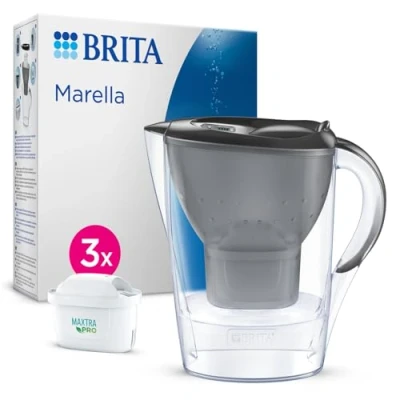 Image de BRITA Carafe Filtrante Marella Graphite (2,4l) incl 3 cartouches filtre eau robinet MAXTRA PRO All in 1 réduit PFAS,calcaire, chlore, certaines impuretés et métaux indicateur temporel, éco emballage