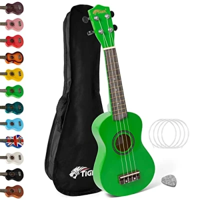 Image de TIGER Ukulélé soprano UKE7 pour débutants avec sac de transport, médiator en feutre, jeu cordes rechange 2020, équipé Aquila Vert