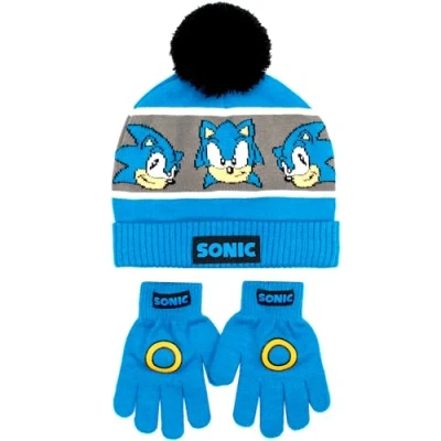 Image de SONIC THE HEDGEHOG Ensemble Bonnet et gants d&#039;hiver pour garçons chauds confortables Parfait les enfants âgés de 6 à 12 ans, bleu, taille unique