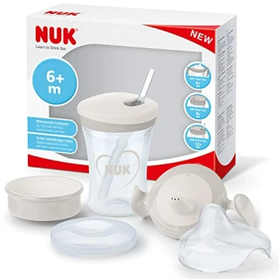 Image de Set NUK pour apprendre à boire avec une tasse d’apprentissage Trainer Cup (6+ mois), antifuite Magic 360 (8+ m) et enfant Action (12+ , 230 ml sans BPA blanc