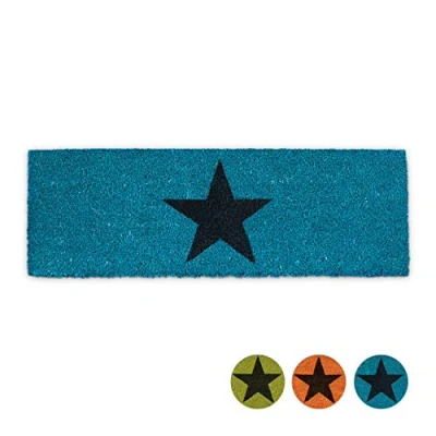 Image de Relaxdays 10020177 Paillasson ETOILES fibres de coco dessous caoutchouc antidérapant porte entrée tapis usage intérieur extérieur HxlxP 1.5 x 75 25 cm étoile bleu