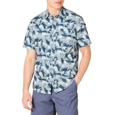 Image de Amazon Essentials Chemise Imprimée à Manches Courtes Coupe Ajustée Homme, Bleu des Mers du Sud Marine Palmes, XL