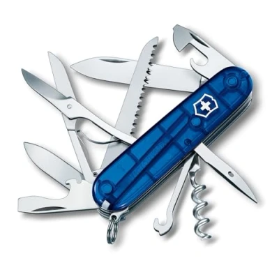 Image de Victorinox Huntsman Couteau de Poche Suisse, Léger, Multitool, 15 Fonctions, Tire Bouchon, Grand Lame, Ouvre Boite, Bleu Transparent