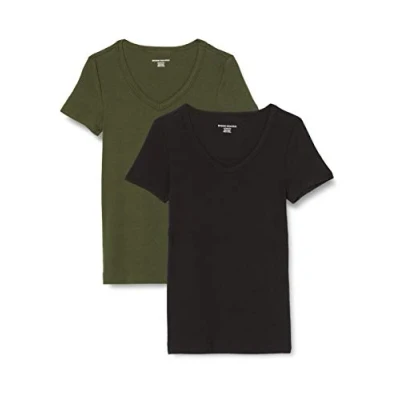 Image de Amazon Essentials T Shirt Col en v à Manches Courtes Coupe Ajustée Femme, Lot de 2, Vert Olive Foncé/Noir, L
