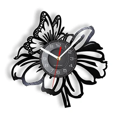 Image de Smotly horloge murale en vinyle, analogique à motif papillon et fleur, embellissement