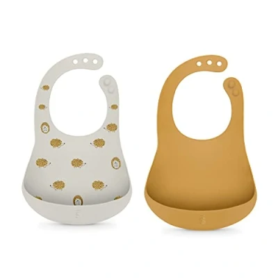 Image de Suavinex, Lot de 2 Bavoirs en Silicone Imperméables Pour Bébé. Facile à Nettoyer. Souple et Flexible. Ajustable. Avec Poche. les Bébés +4 Mois. Gris + Jaune