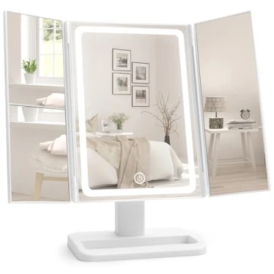 Image de Miroir Maquillage Lumineux Coiffeuse Grossissant 1X/2X/3X sur Pied LED avec Lumiere de Table Eclairant Makeup Bureau Cosmetique pour le Visage