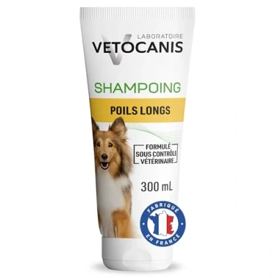 Image de Vetocanis Shampoing Pour Chien Démêlant Poils Longs Naturel, sans Silicone ni Parabène Aspect Brillant et Soyeux Formulé sous Contrôle Vétérinaire Fabriqué en France 300 ml