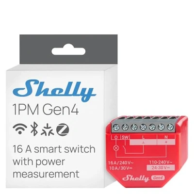 Image de Shelly 1PM Gen4 Interrupteur Matter, Zigbee, Wi Fi, 1 Canal 16A, Mesure de consommation électrique, Éclairage connecté, Contrôle à distance app, Compatible Apple Homekit, Alexa, Google, SmartThings