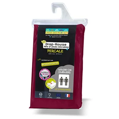 Image de Linge des Familles Drap Housse Coton Percale 2x80x200 cm Spécial Lit Articulé TPR Uni Cerise Bonnet de 30 Entretien Facile