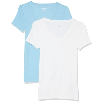Image de Amazon Essentials T Shirt Col en v à Manches Courtes Coupe Ajustée Femme, Lot de 2, Blanc/Bleu Clair, L