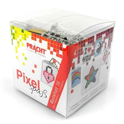 Image de Pixel P90033 63501 Kit de bricolage amusant 16 pour enfants, système d&#039;assemblage simple avec des petites pierres en bioplastique créer 4 porte clés (médaillons), sans repassage ni collage