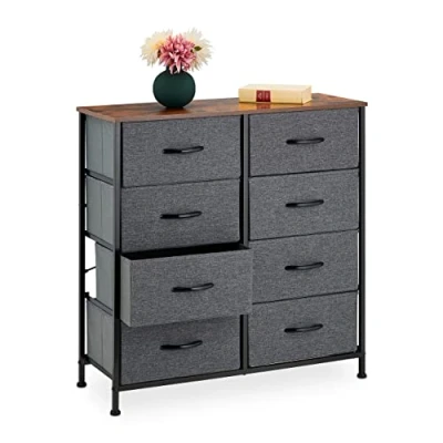 Image de Relaxdays Commode, HxLxP: 81,5x80x30 cm, métal, Effet Bois, 8 tiroirs Tissu, bahut Style Industriel, Buffet, Gris/Marron